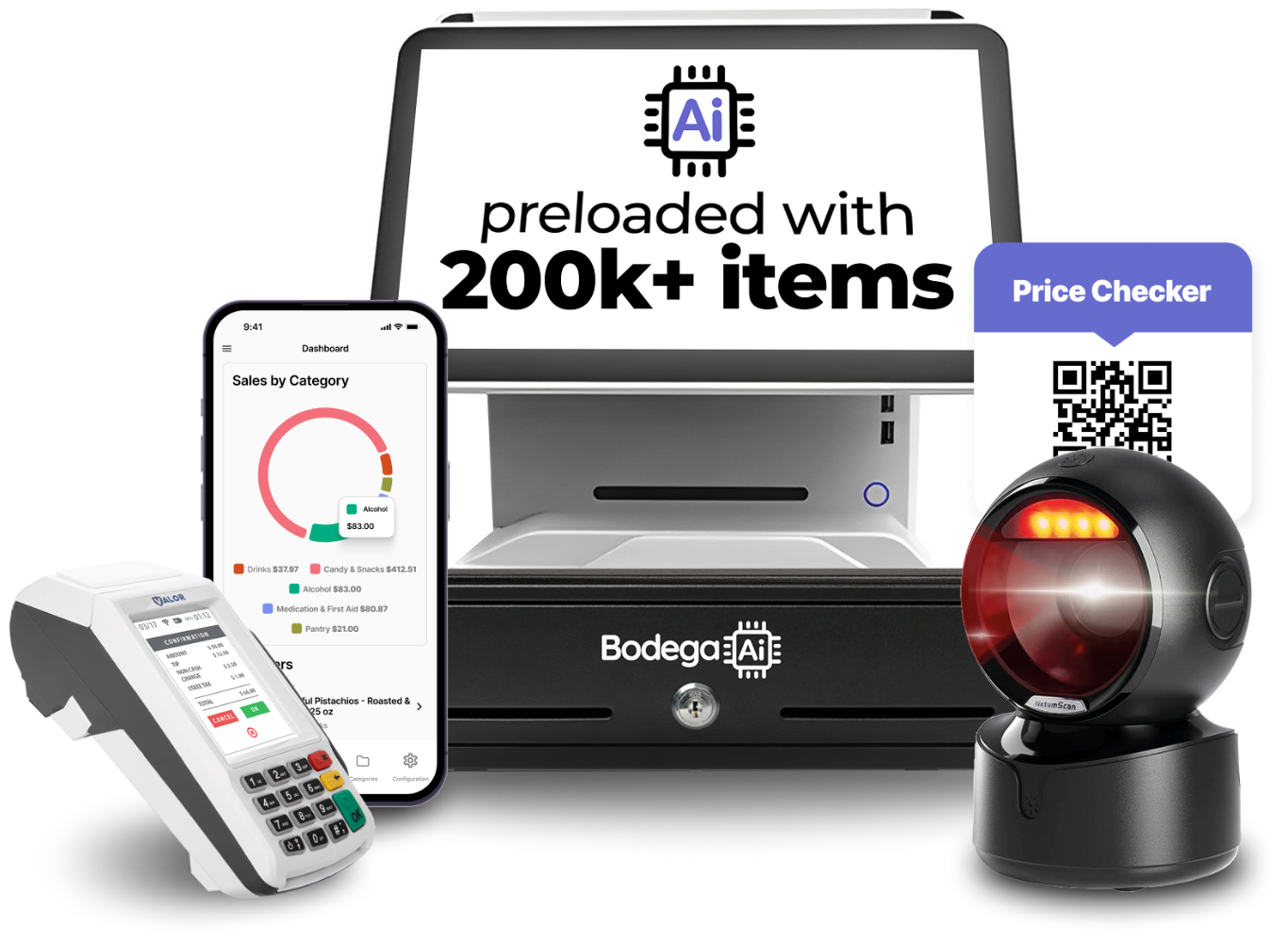 Bodega AI POS kit: touchscreen register, cash drawer, card terminal, barcode scanner and the dashboard app, preloaded with 200,000+ items