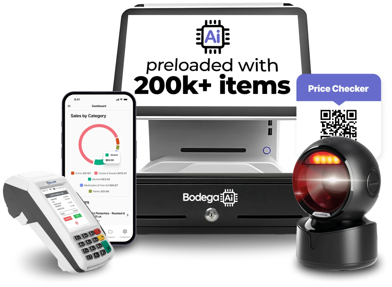 Bodega AI POS kit: touchscreen register, cash drawer, card terminal, barcode scanner and the dashboard app, preloaded with 200,000+ items
