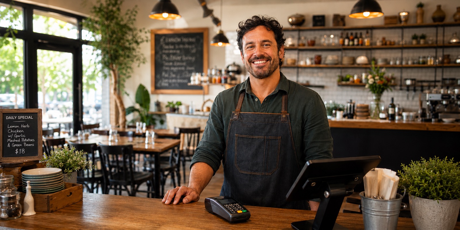 Restaurant owner smiling behind his counter with POS and card terminal in foreground