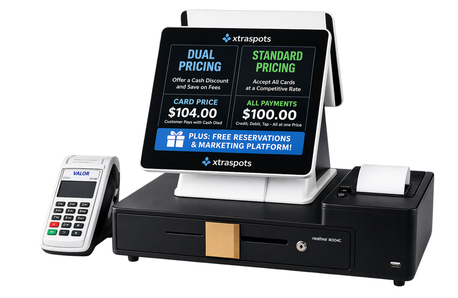 Xtraspots POS: dual pricing screen showing $48 card vs $46.56 cash with $0 merchant fee
