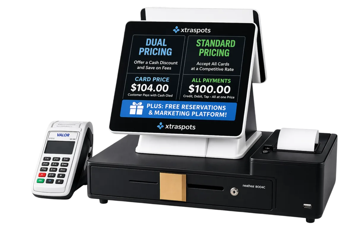 Xtraspots POS: dual pricing screen showing $48 card vs $46.56 cash with $0 merchant fee
