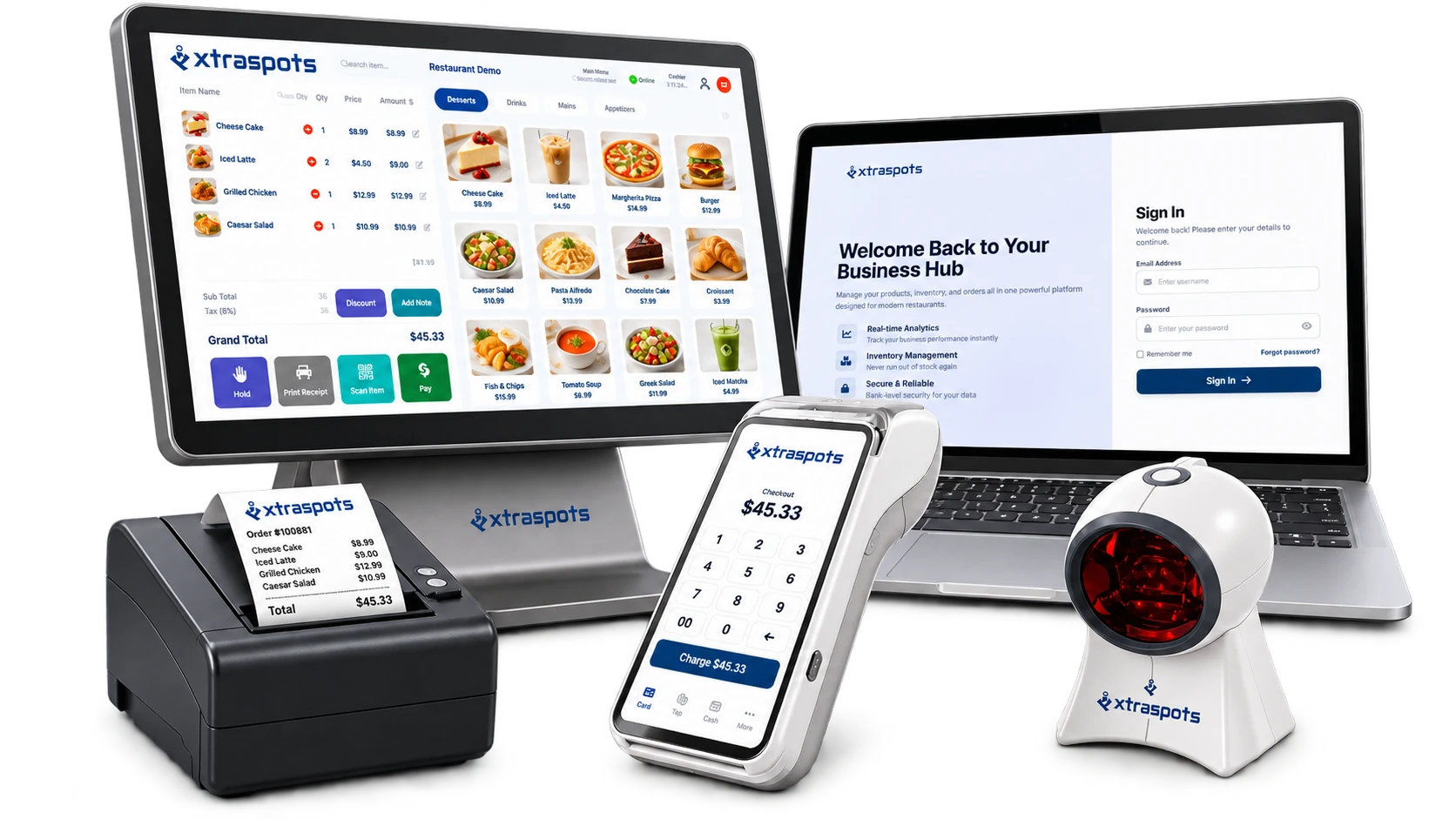 Xtraspots POS terminal, back office on a laptop, card reader, receipt printer and barcode scanner