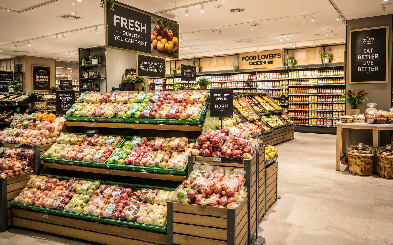 High-volume neighborhood store aisles stocked with goods